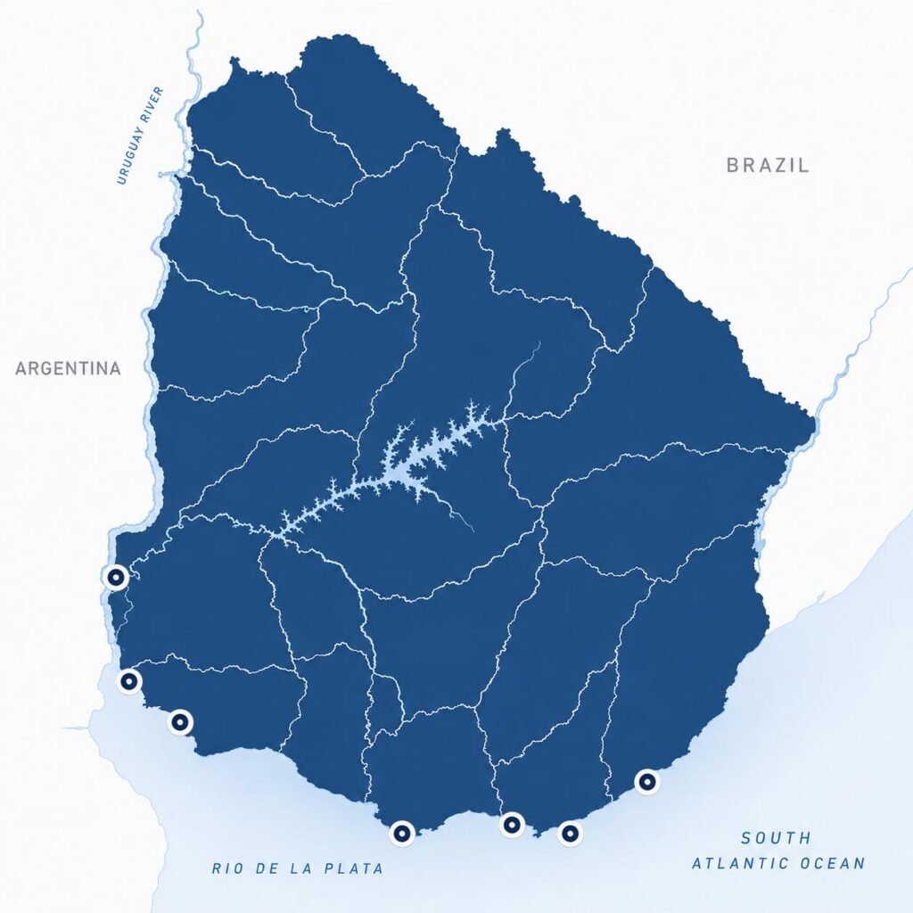 Map of Uruguay showing the port locations along the coast and River Plate