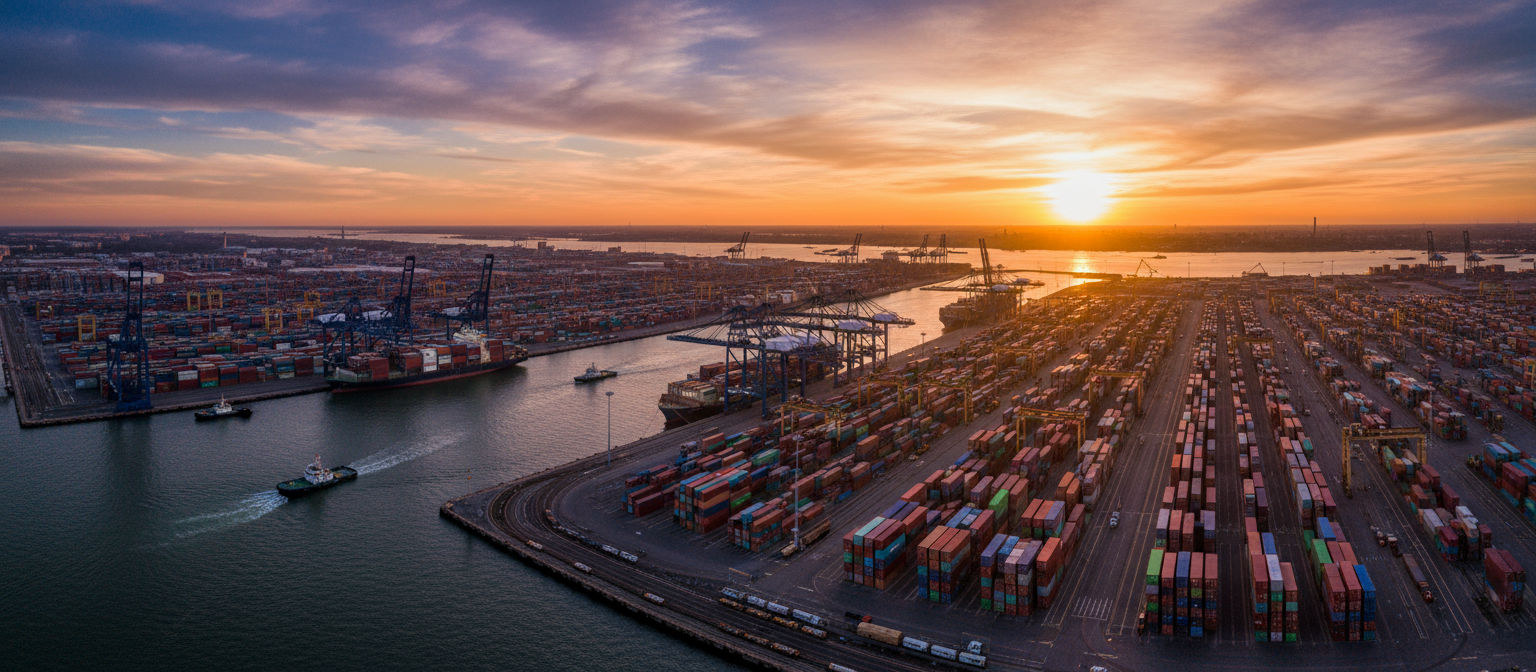 Port operations at sunset